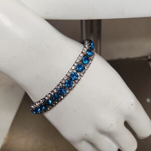 🔥 Blue & Clear Rhinestones |  Silvertone | Unisex | Bracelet 8" | Vintage